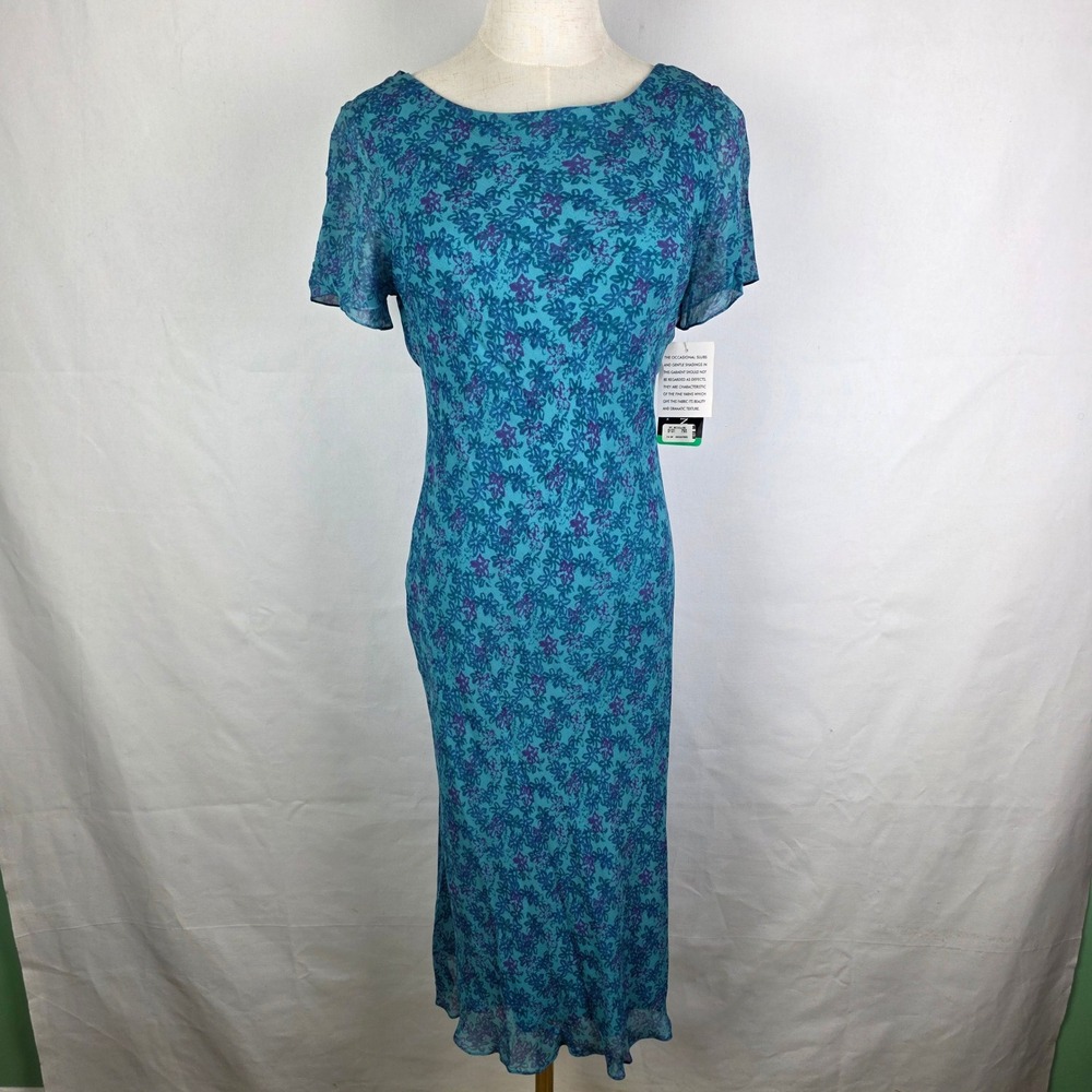 David Warren Petite Silk Floral Midi Dress Teal Purple Cutout Back NWT Size 10P
